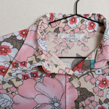 Vintage 70s Floral Print Button Down Shirt Blouse Pink Teal Cream Long Sleeve S/M
