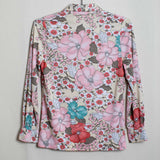 Vintage 70s Floral Print Button Down Shirt Blouse Pink Teal Cream Long Sleeve S/M