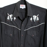 Vintage Ely Diamond Western Pearl Snap Shirt Black Skull Feather Embroidery L/XL