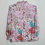 Vintage 70s Floral Print Button Down Shirt Blouse Pink Teal Cream Long Sleeve S/M